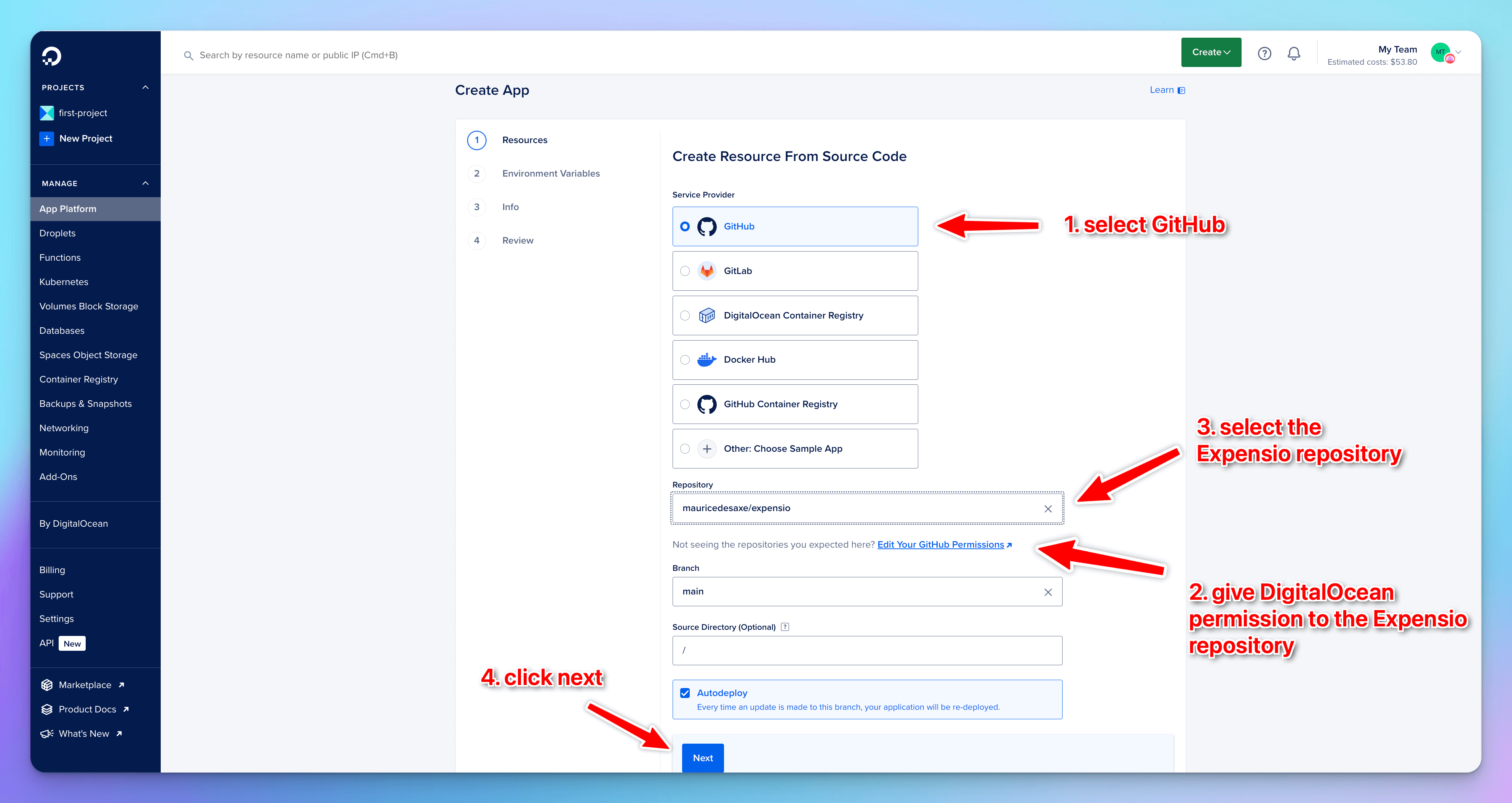 Create App page in Digital Ocean