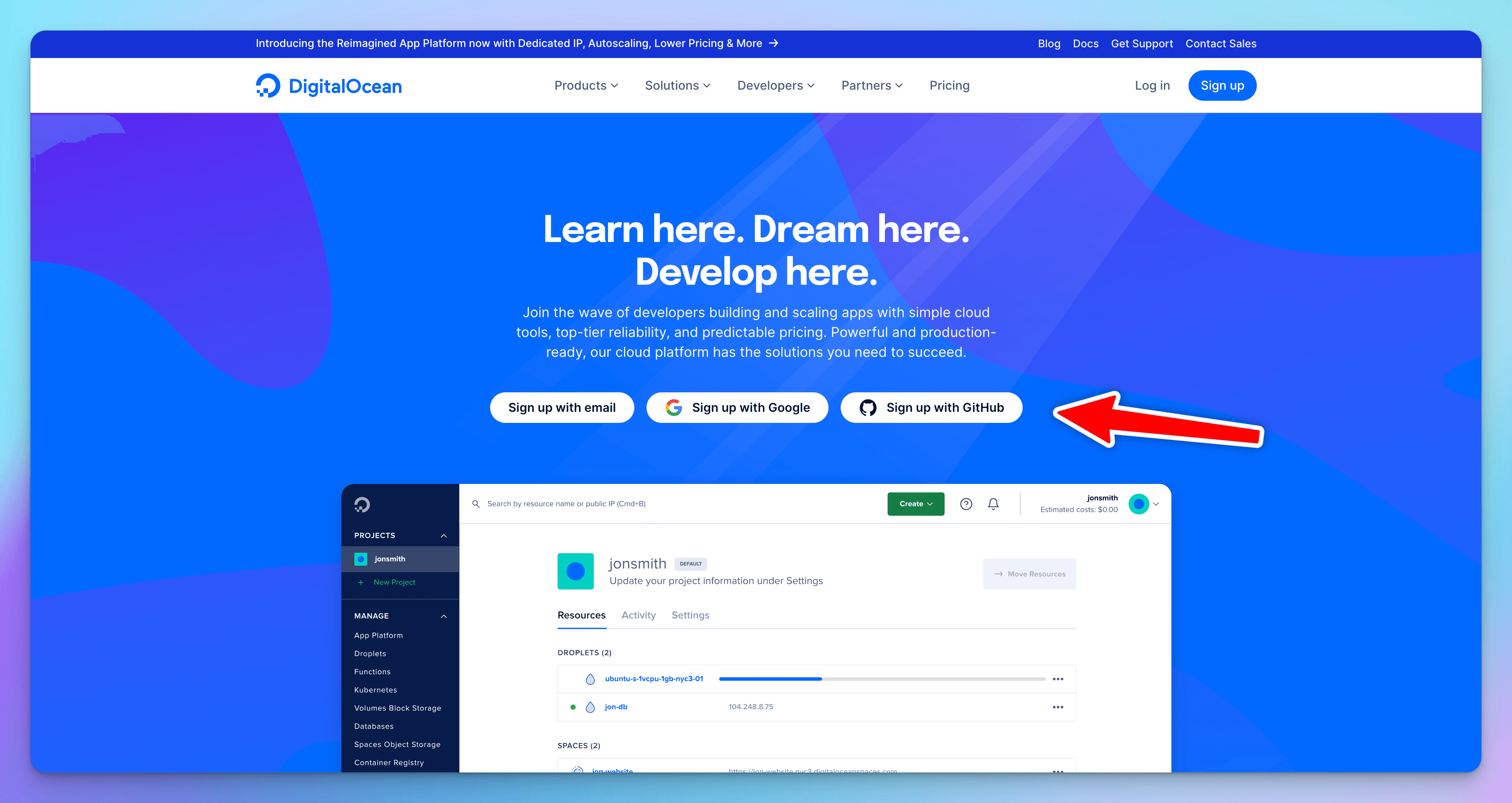 Digital Ocean signup with GitHub